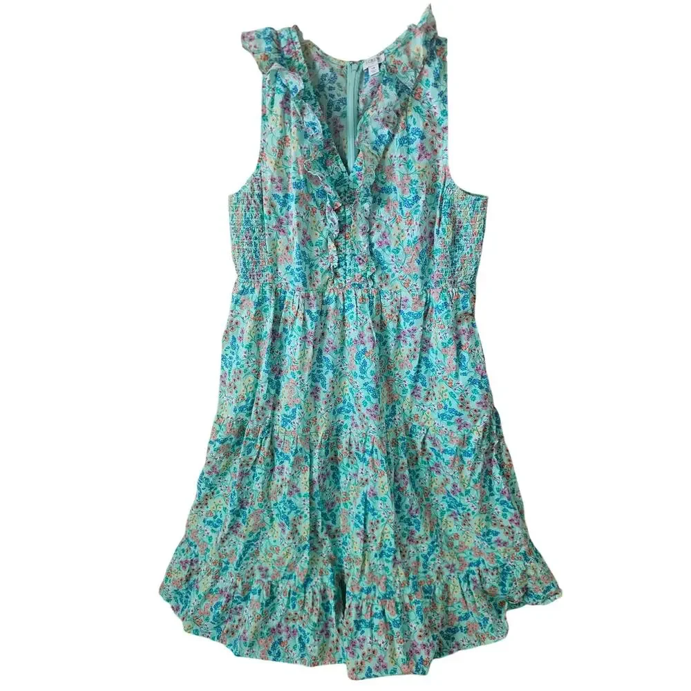 J Crew Spearmint Floral Sleeveless Midi Dress 100% Cotton Flutter Ruffle Size 18